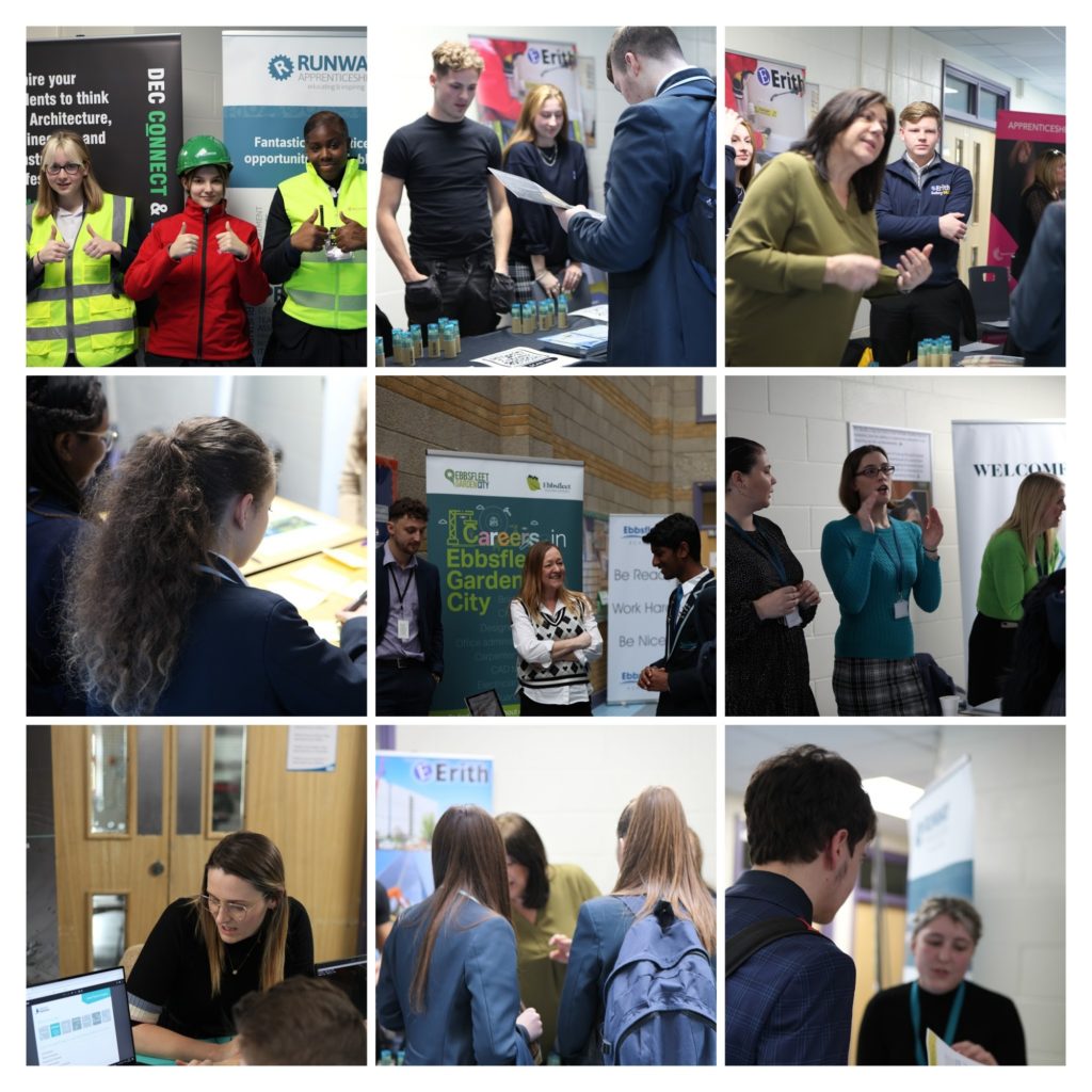 A collage of photos depicting students receiving information from companies about Apprenticeships.