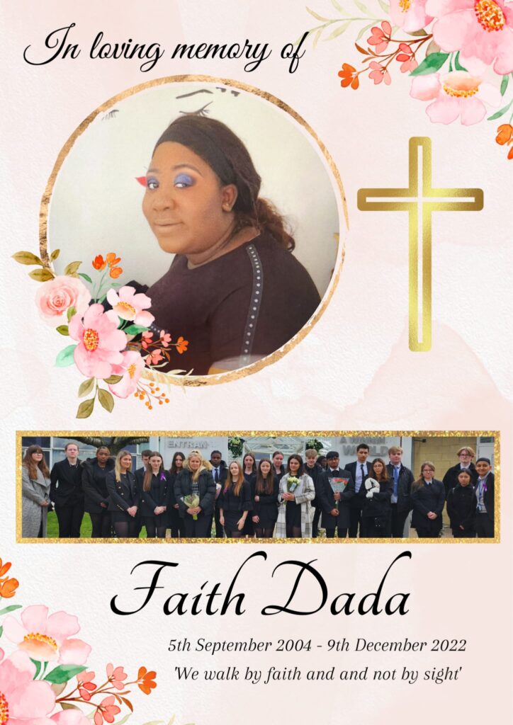 Memorial card for student Faith Dada.