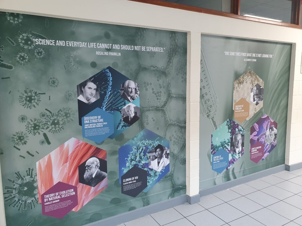 Photo showing a corridor inside the Ebbsfleet Academy building, featuring information and images of famous Scientists.