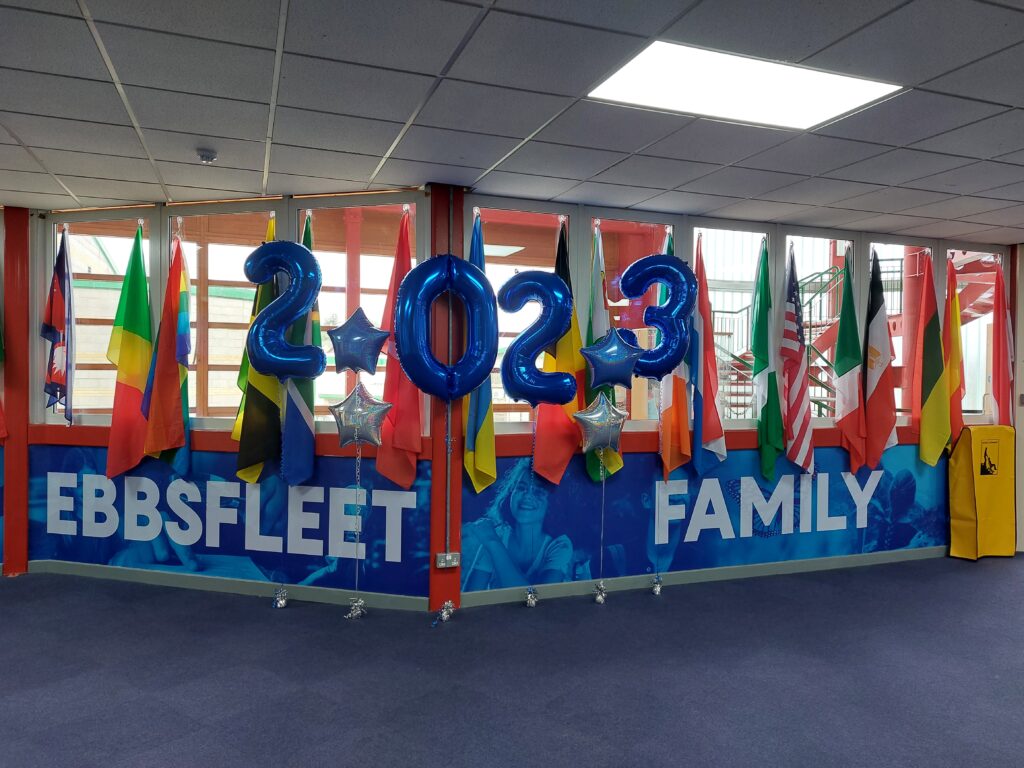 Ebbsfleet Academy with balloons celebrating results day