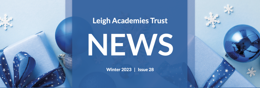 Leigh Academies Trust News Winter 2023 on a blue background against a bauble banner