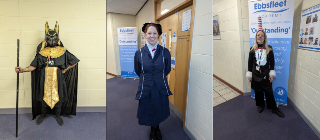 Three staff members dressed up for World Book Day 2025